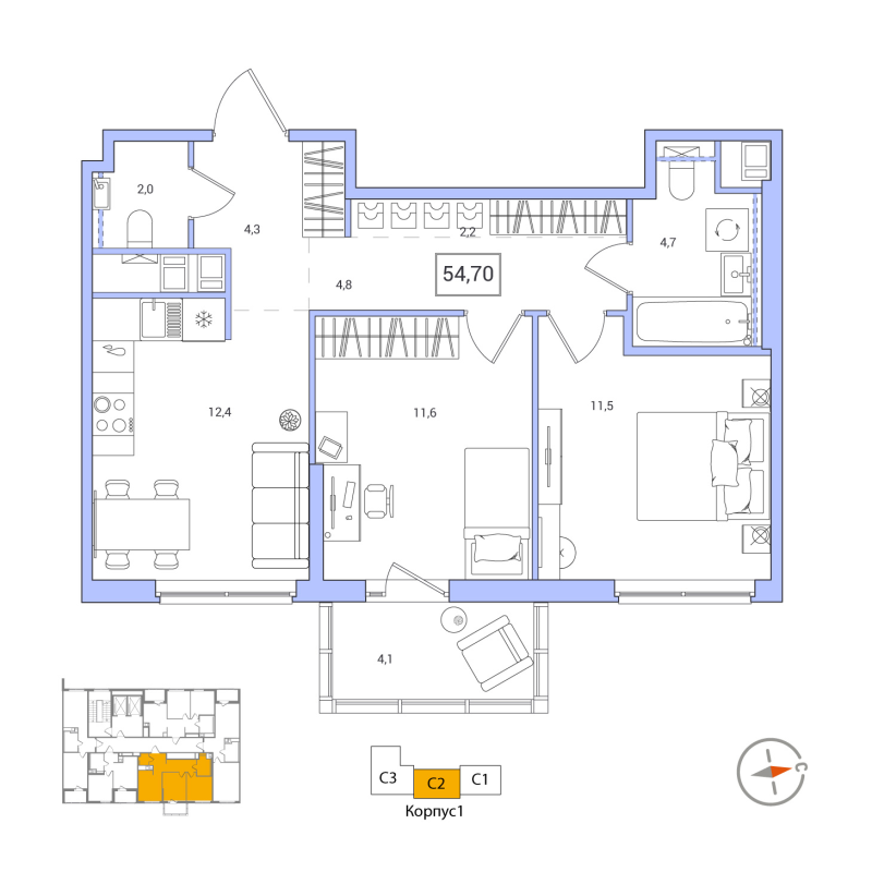 2-комнатная квартира, 54.7 м² - планировка, фото №1