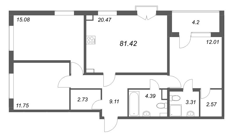 4-комнатная (Евро) квартира, 81.42 м² в ЖК "Любоград" - планировка, фото №1