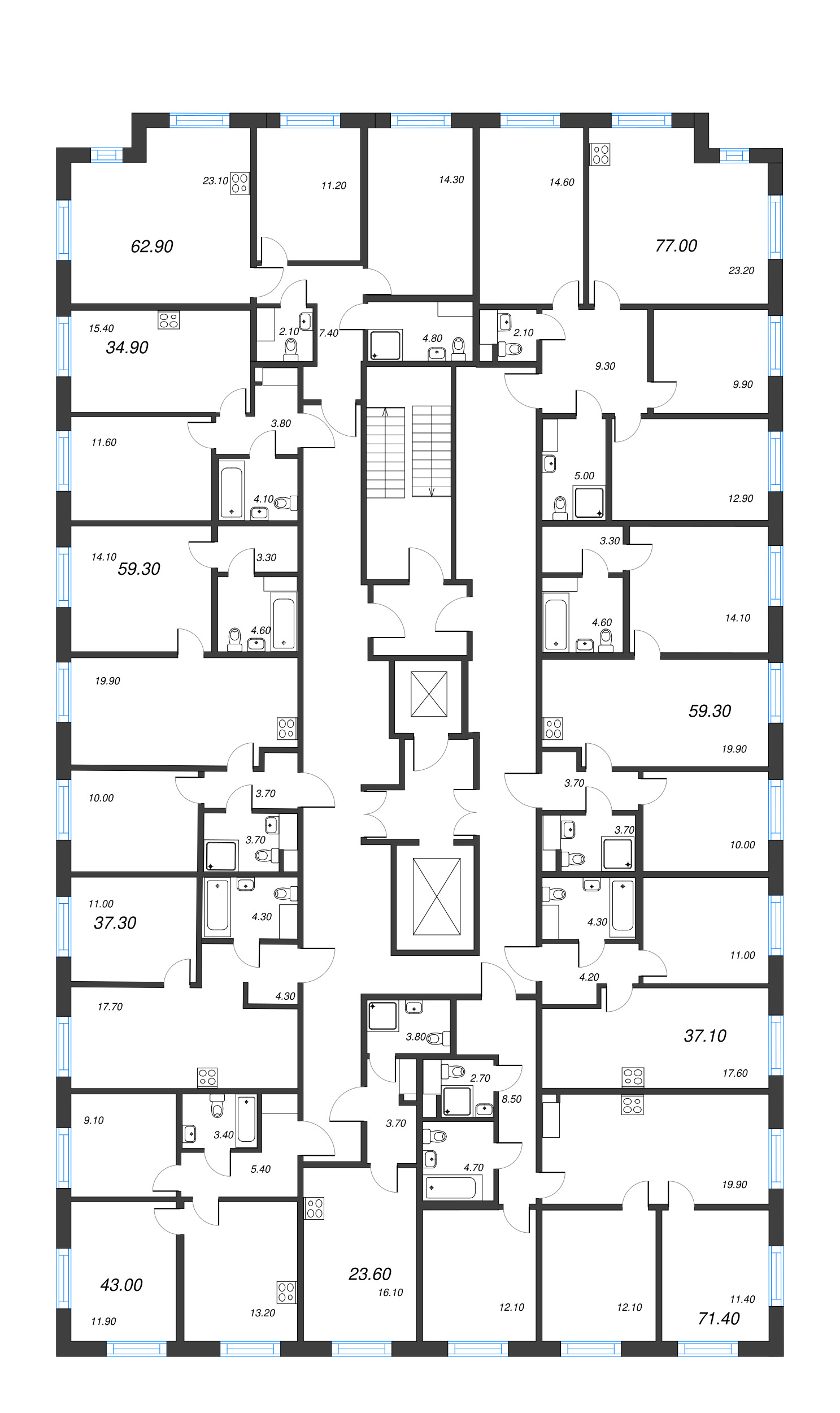 4-комнатная (Евро) квартира, 71.4 м² - планировка этажа