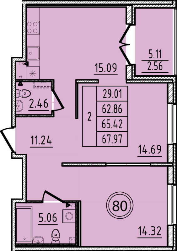 2-комнатная квартира, 62.86 м² - планировка, фото №1