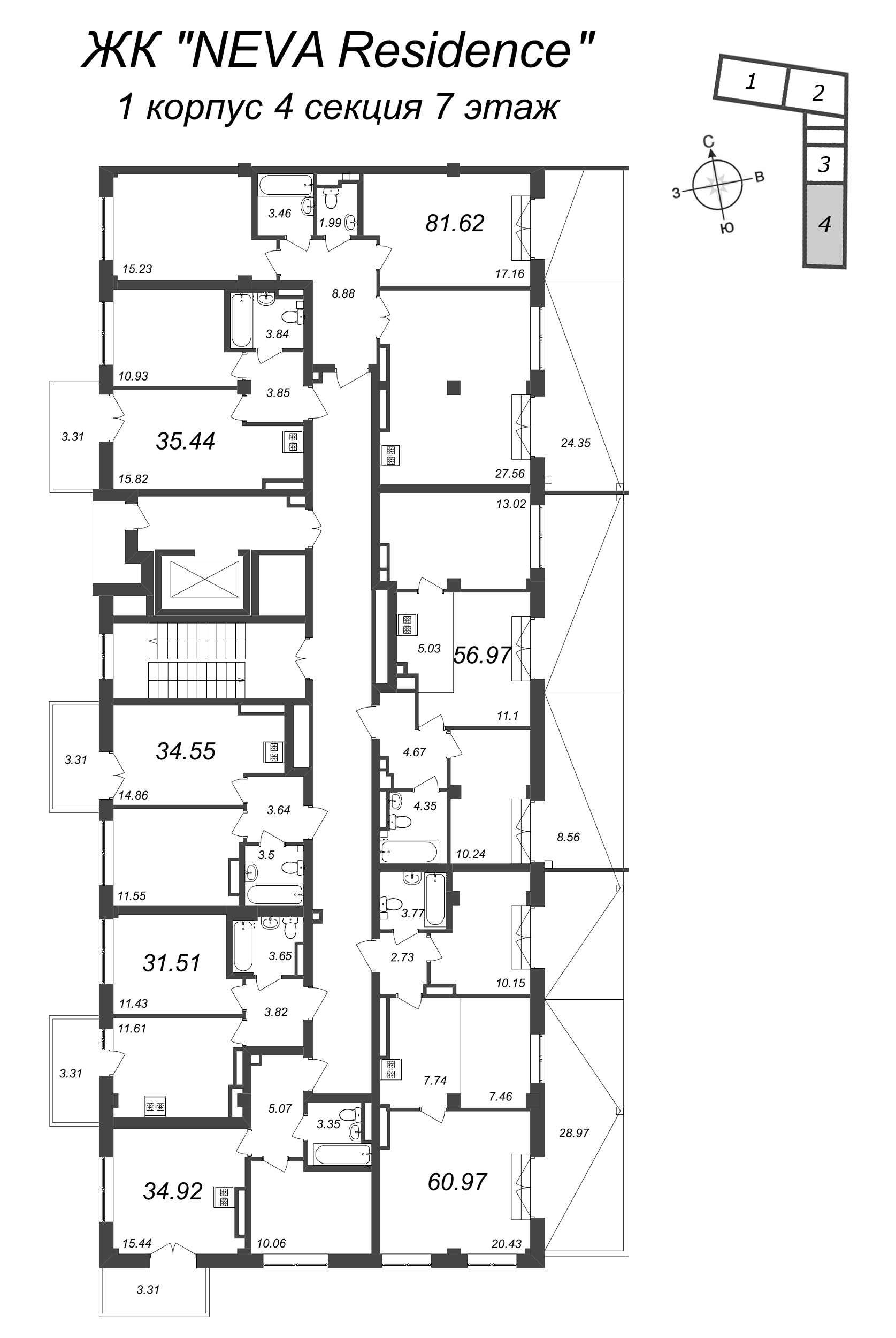 2-комнатная (Евро) квартира, 35.44 м² - планировка этажа