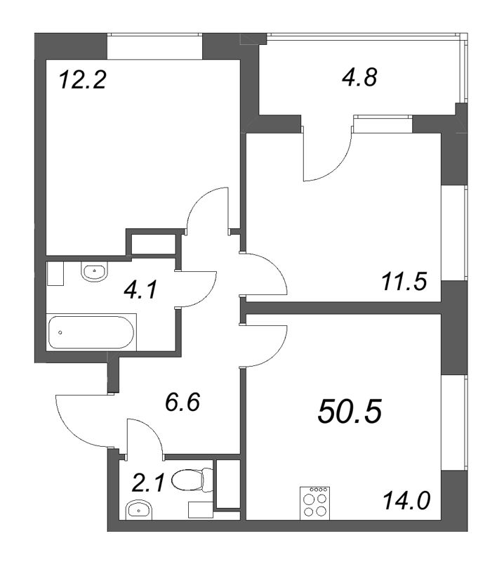 2-комнатная квартира, 50.5 м² в ЖК "М36" - планировка, фото №1