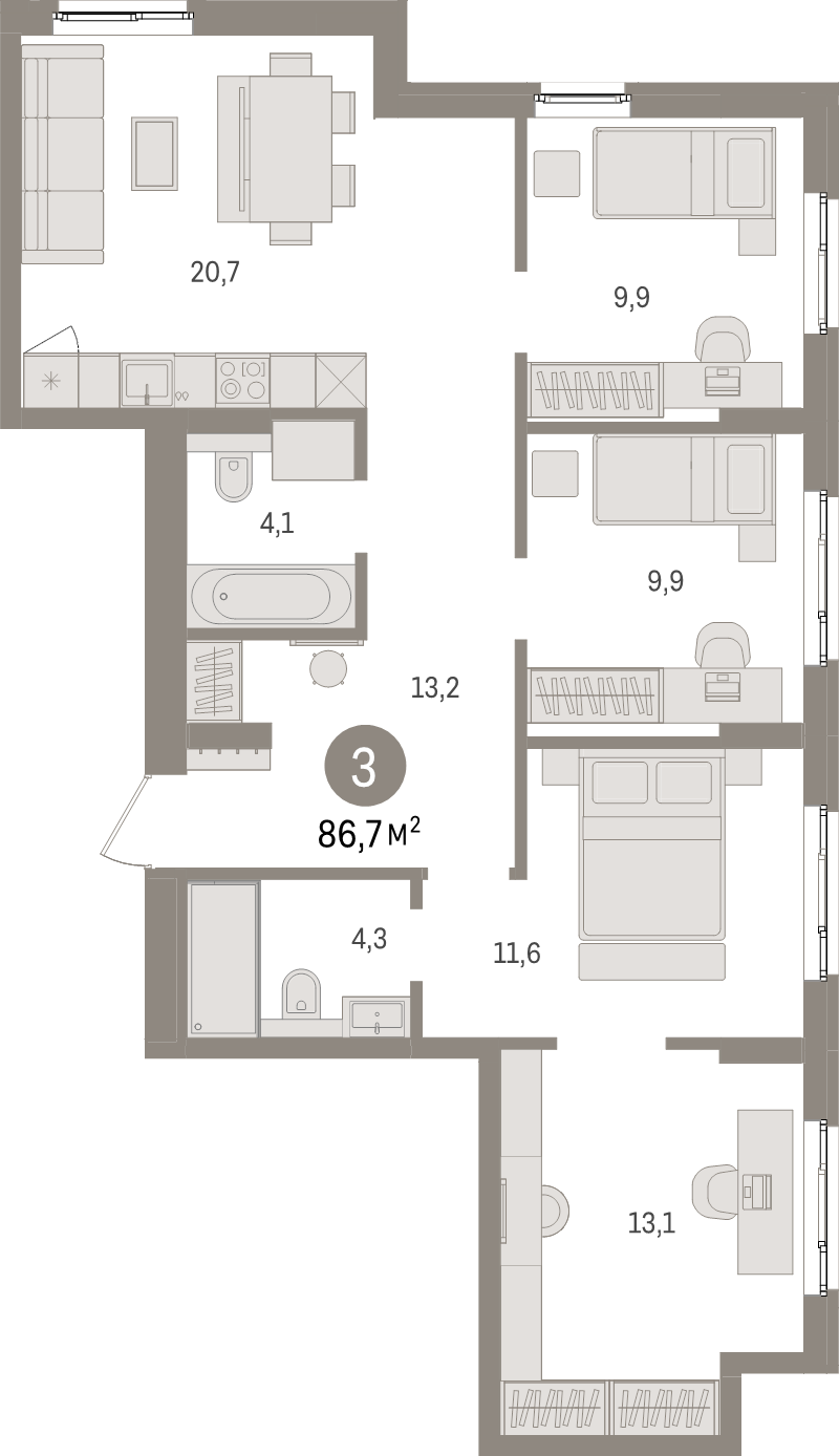 5-комнатная (Евро) квартира, 86.7 м² в ЖК "Брусника в Новоселье" - планировка, фото №1