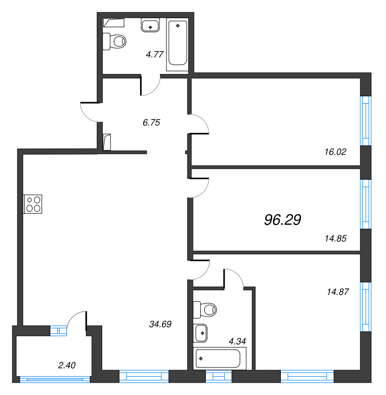 4-комнатная (Евро) квартира, 96.29 м² в ЖК "Чёрная речка" - планировка, фото №1