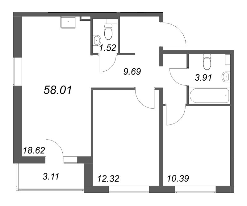 3-комнатная (Евро) квартира, 58.01 м² в ЖК "Расцветай в Янино" - планировка, фото №1