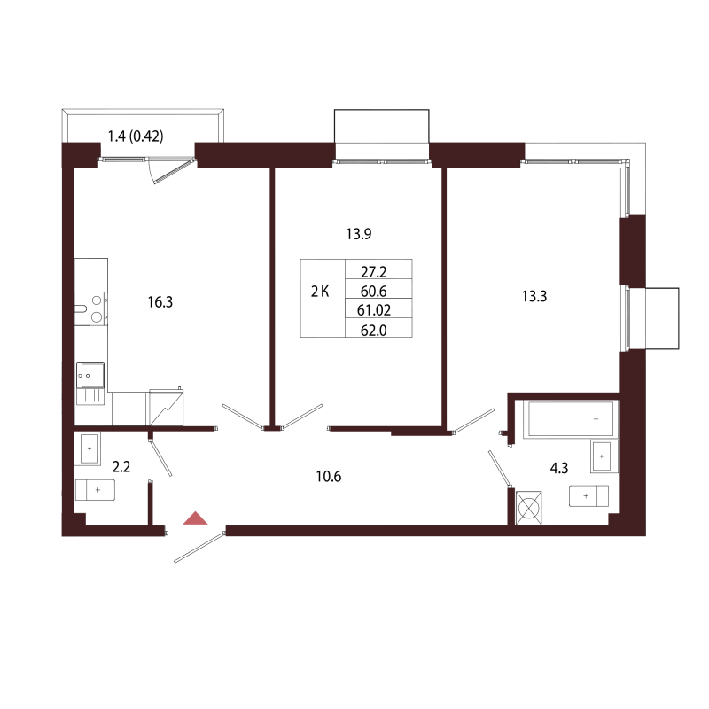 3-комнатная (Евро) квартира, 61.02 м² в ЖК "Лисино" - планировка, фото №1