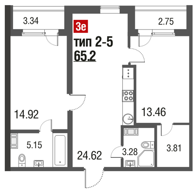 3-комнатная (Евро) квартира, 65.2 м² в ЖК "Русские сезоны" - планировка, фото №1