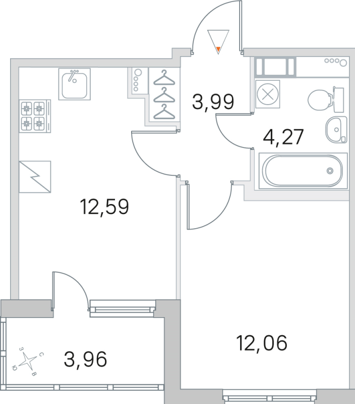 1-комнатная квартира, 32.91 м² - планировка, фото №1