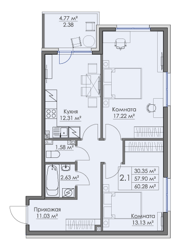 2-комнатная квартира, 60.28 м² в ЖК "Малая Финляндия" - планировка, фото №1