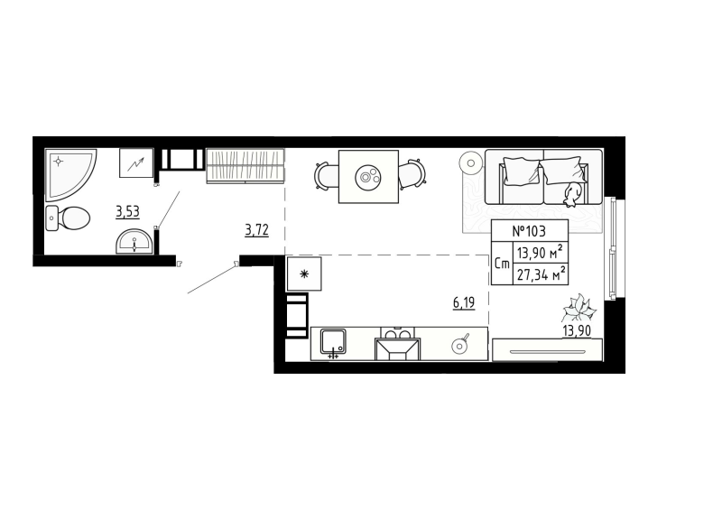 Квартира-студия, 27.34 м² - планировка, фото №1