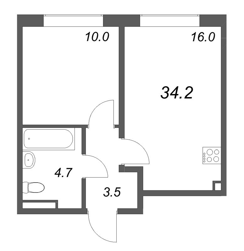 2-комнатная (Евро) квартира, 34.2 м² в ЖК "Пулково Lake" - планировка, фото №1