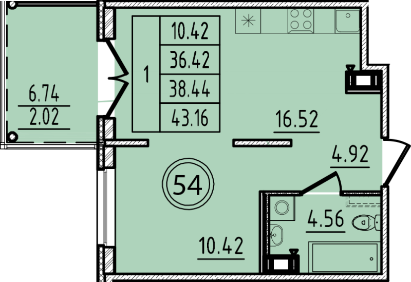 2-комнатная (Евро) квартира, 36.42 м² - планировка, фото №1