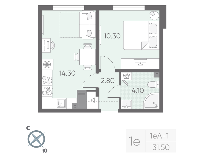 1-комнатная квартира, 31.5 м² в ЖК "Ручьи" - планировка, фото №1