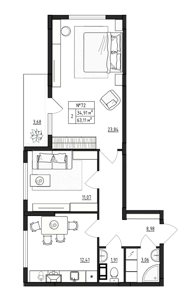 2-комнатная квартира, 63.11 м² в ЖК "Верево Сити" - планировка, фото №1