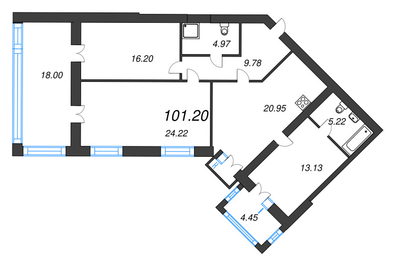 3-комнатная квартира, 100.3 м² - планировка, фото №1