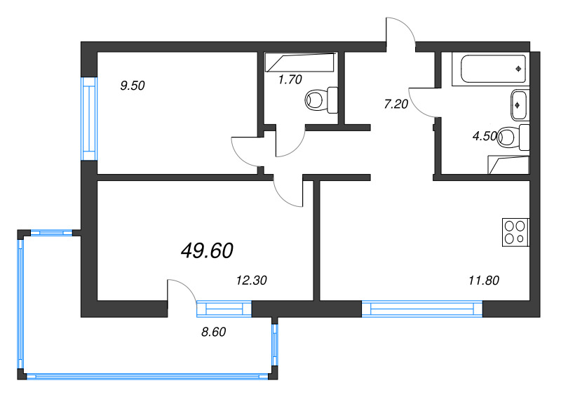 2-комнатная квартира, 49.5 м² в ЖК "Монография" - планировка, фото №1