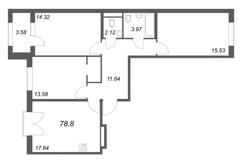 4-комнатная (Евро) квартира, 78.8 м² в ЖК "Дубровский" - планировка, фото №1