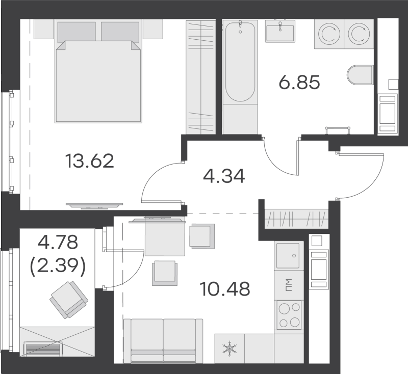 1-комнатная квартира, 37.68 м² - планировка, фото №1