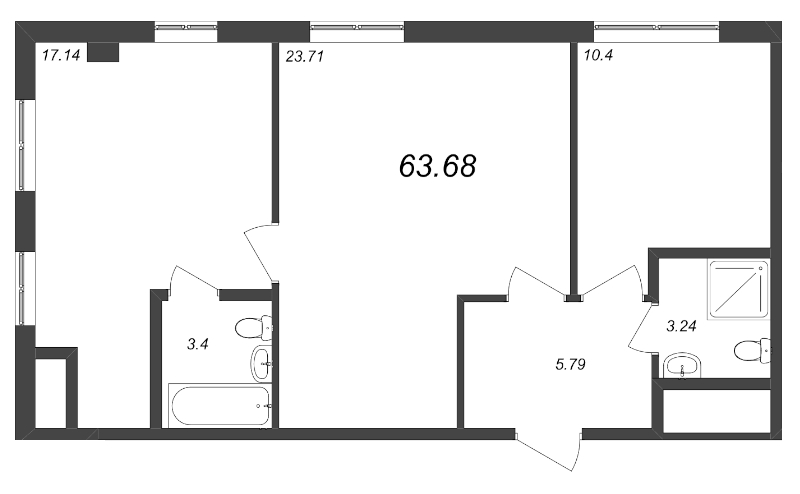 3-комнатная (Евро) квартира, 63.68 м² в ЖК "Zoom Черная речка" - планировка, фото №1
