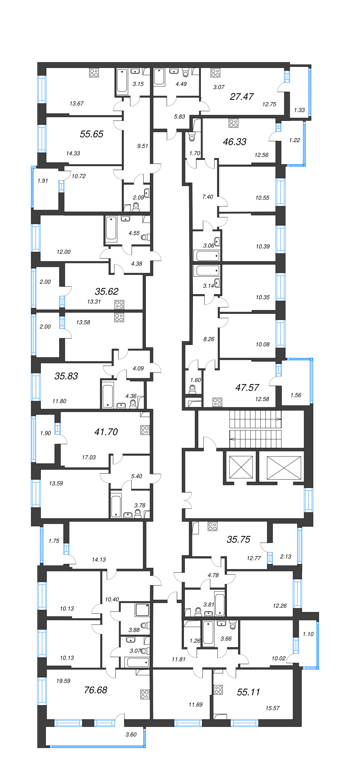 3-комнатная (Евро) квартира, 55.11 м² в ЖК "Аквилон Верба" - планировка этажа
