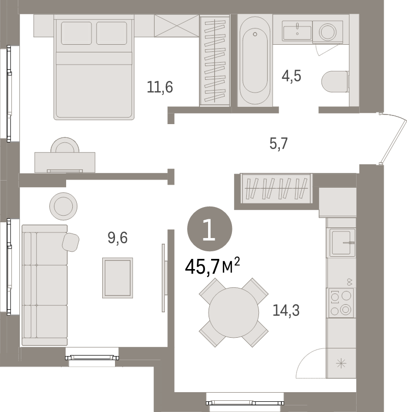 2-комнатная квартира, 45.7 м² в ЖК "Брусника в Новоселье" - планировка, фото №1