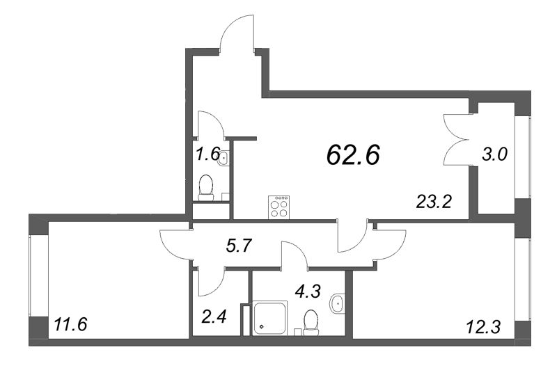 3-комнатная (Евро) квартира, 62.6 м² в ЖК "NewПитер 2.0" - планировка, фото №1