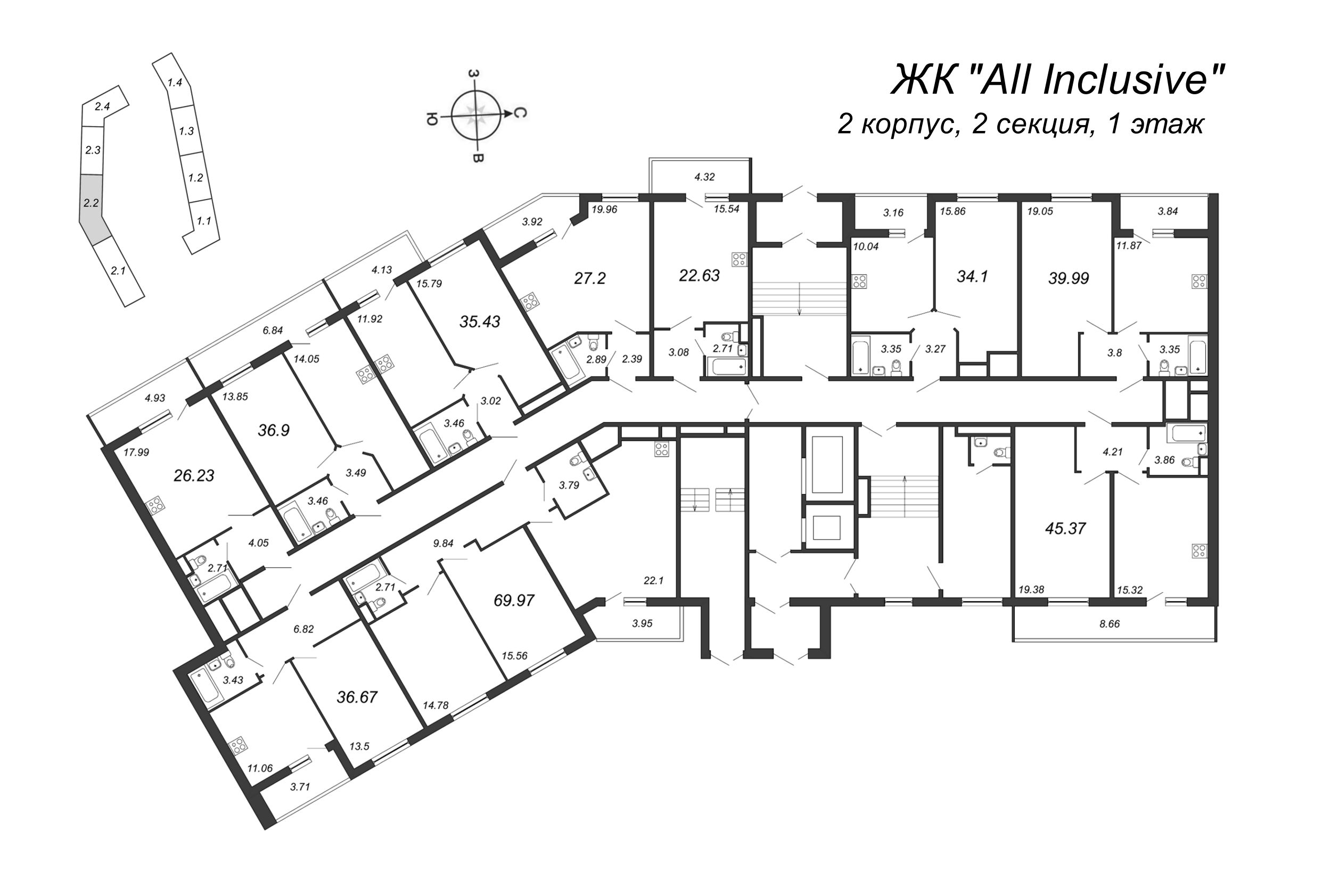1-комнатная квартира, 36.3 м² в ЖК "All Inclusive" - планировка этажа