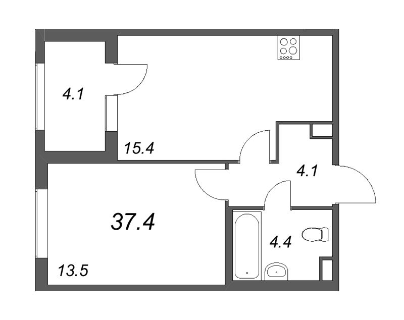 2-комнатная (Евро) квартира, 37.4 м² - планировка, фото №1