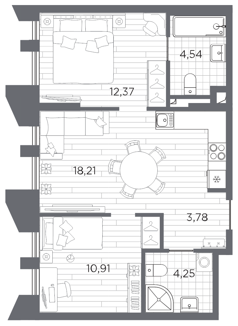 3-комнатная (Евро) квартира, 54.06 м² в ЖК "Галерная гавань" - планировка, фото №1