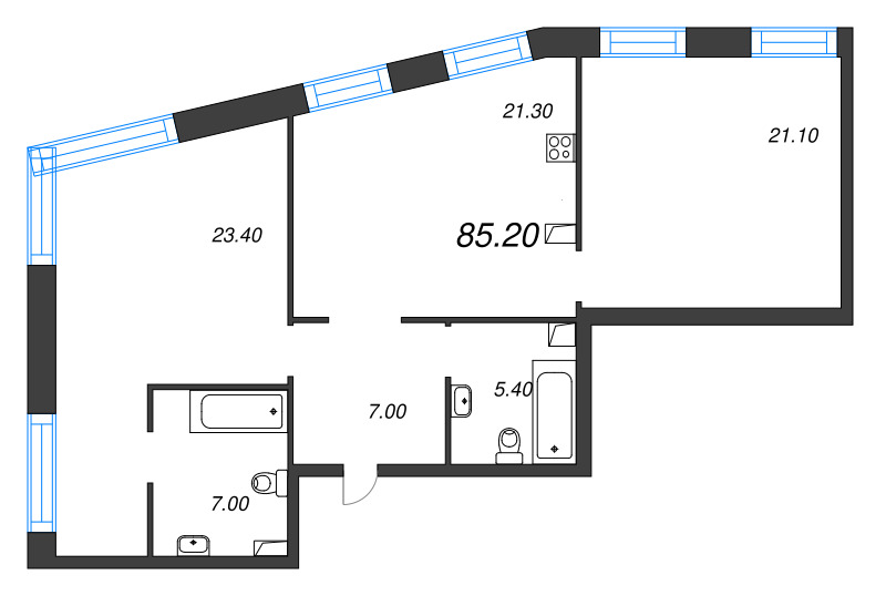 3-комнатная (Евро) квартира, 85.2 м² в ЖК "ЛДМ" - планировка, фото №1