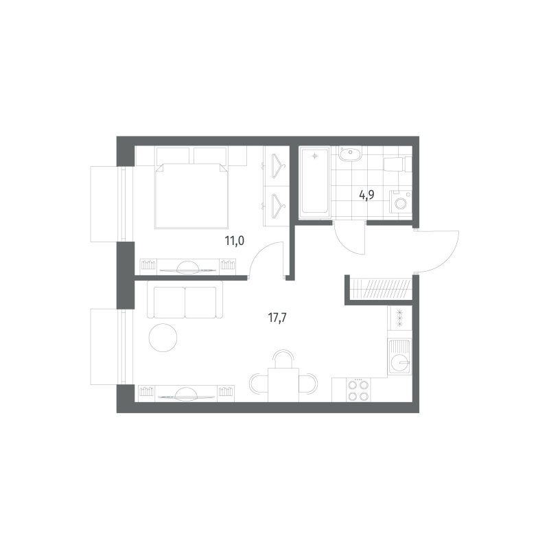 2-комнатная (Евро) квартира, 37.9 м² в ЖК "Парусная 1" - планировка, фото №1