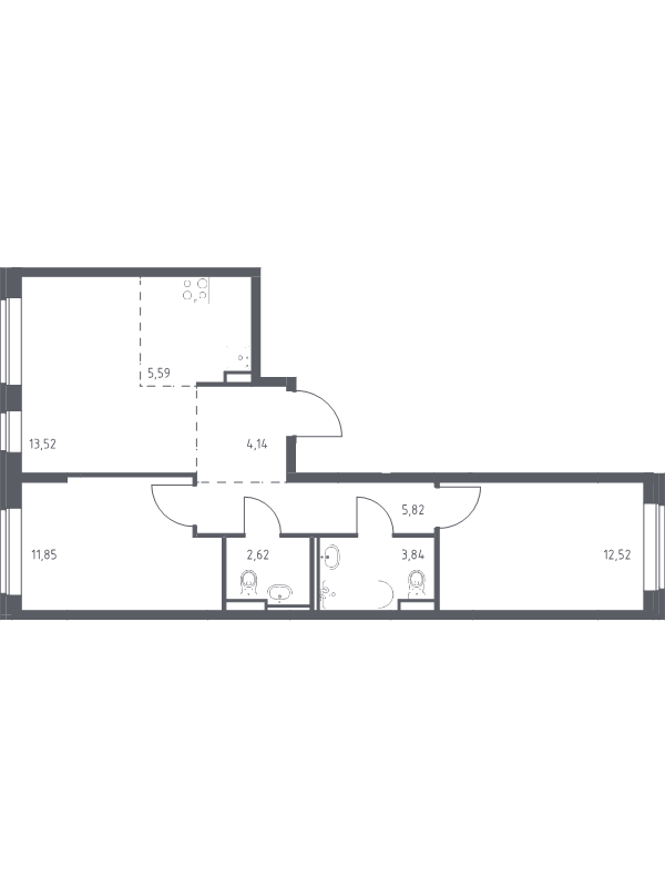 3-комнатная (Евро) квартира, 59.9 м² - планировка, фото №1