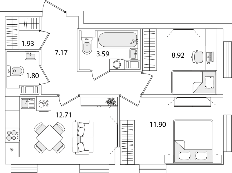 2-комнатная квартира, 48.02 м² - планировка, фото №1