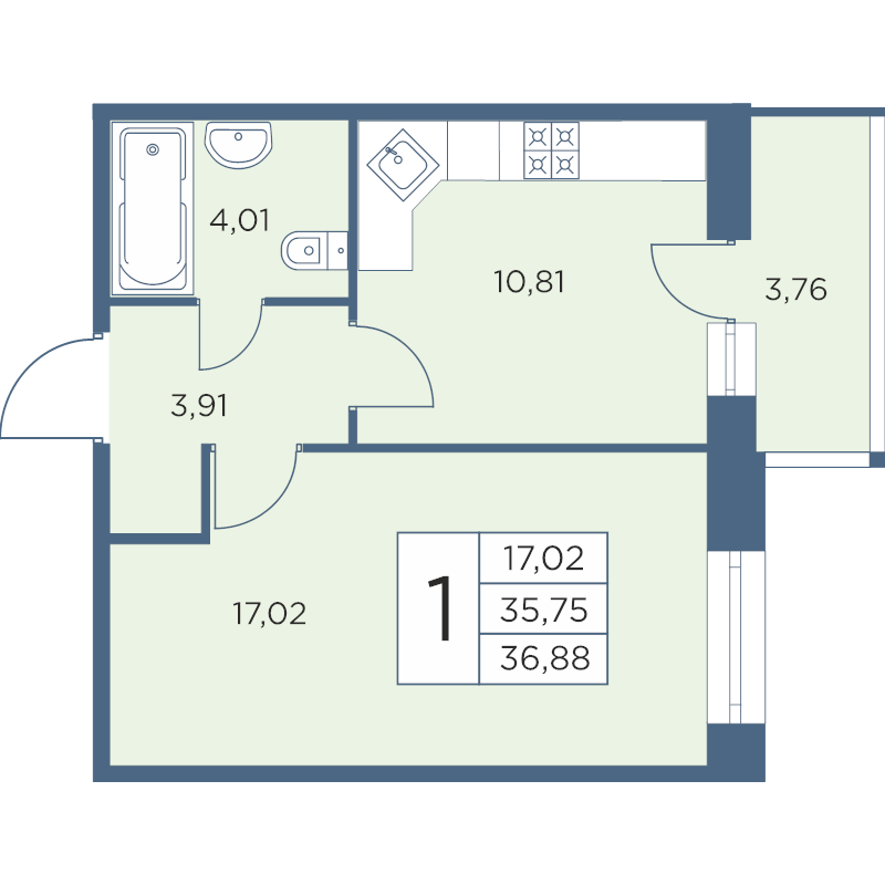 1-комнатная квартира, 36.11 м² - планировка, фото №1