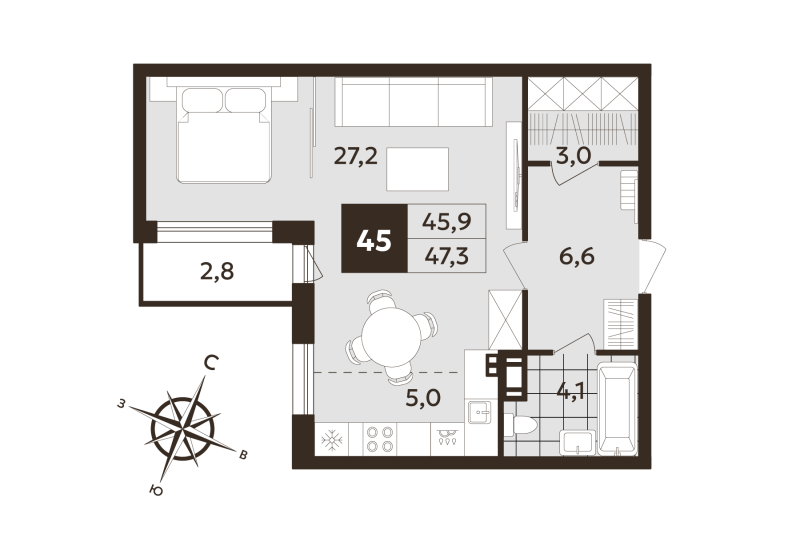 Квартира-студия, 45.9 м² в ЖК "Дом на Бронницкой" - планировка, фото №1