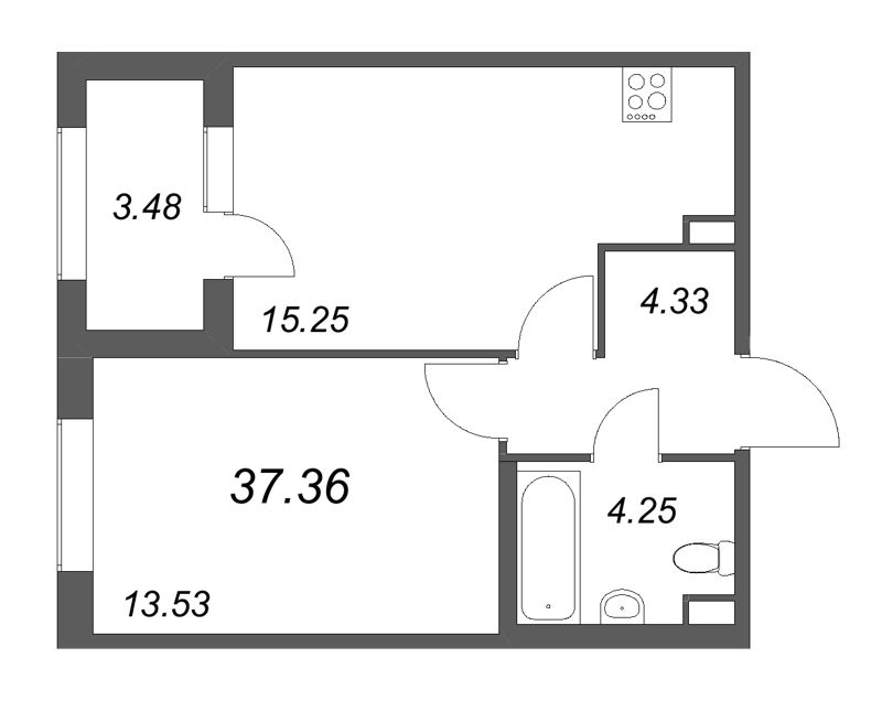 2-комнатная (Евро) квартира, 37.36 м² в ЖК "Дубровский" - планировка, фото №1