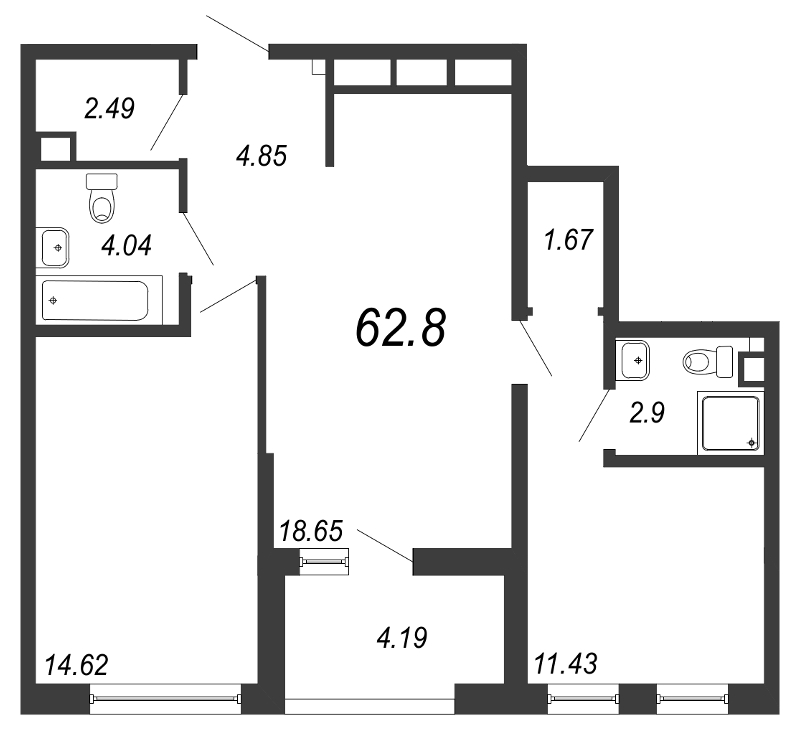 3-комнатная (Евро) квартира, 65.3 м² - планировка, фото №1