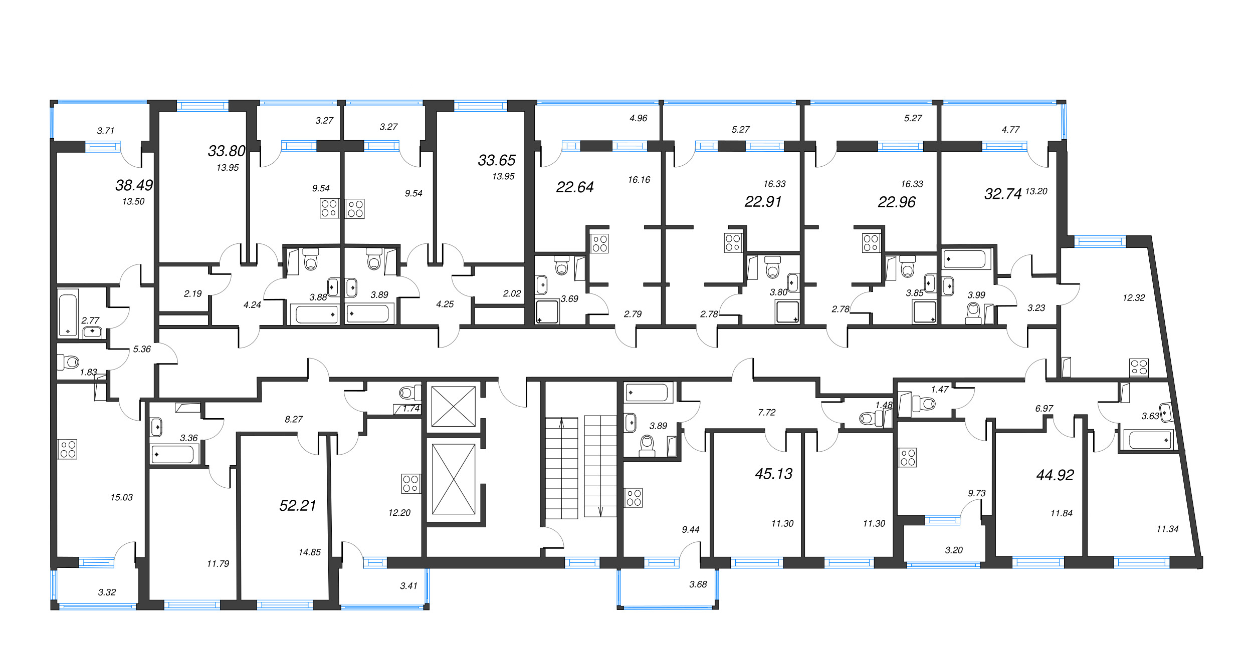 2-комнатная (Евро) квартира, 38.49 м² - планировка этажа