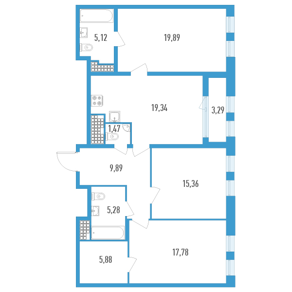 3-комнатная квартира, 101.66 м² - планировка, фото №1