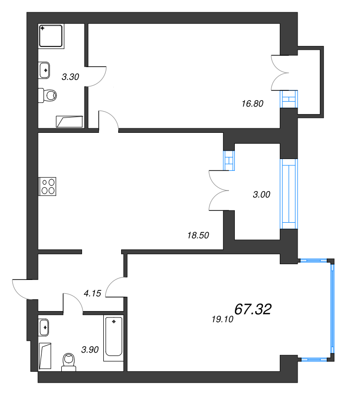 3-комнатная (Евро) квартира, 70.7 м² в ЖК "Наука" - планировка, фото №1