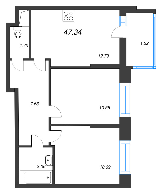 2-комнатная квартира, 47.34 м² - планировка, фото №1