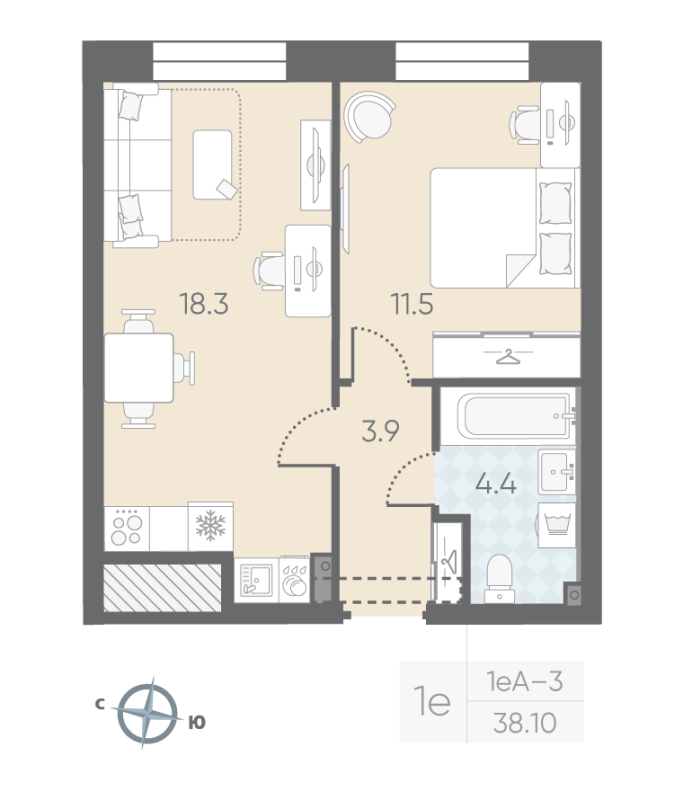 2-комнатная (Евро) квартира, 38.1 м² в ЖК "Большая Охта" - планировка, фото №1