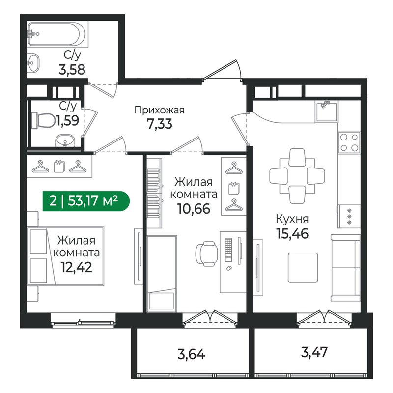 3-комнатная (Евро) квартира, 53.17 м² в ЖК "Сертолово Парк" - планировка, фото №1