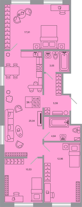 4-комнатная (Евро) квартира, 79.72 м² - планировка, фото №1