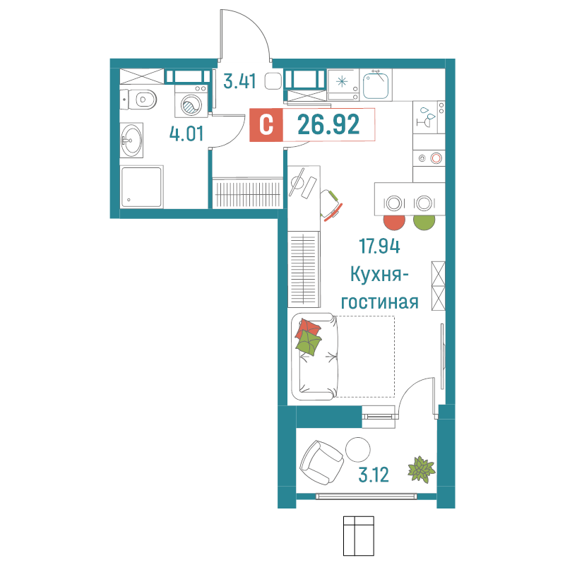 Квартира-студия, 26.92 м² - планировка, фото №1