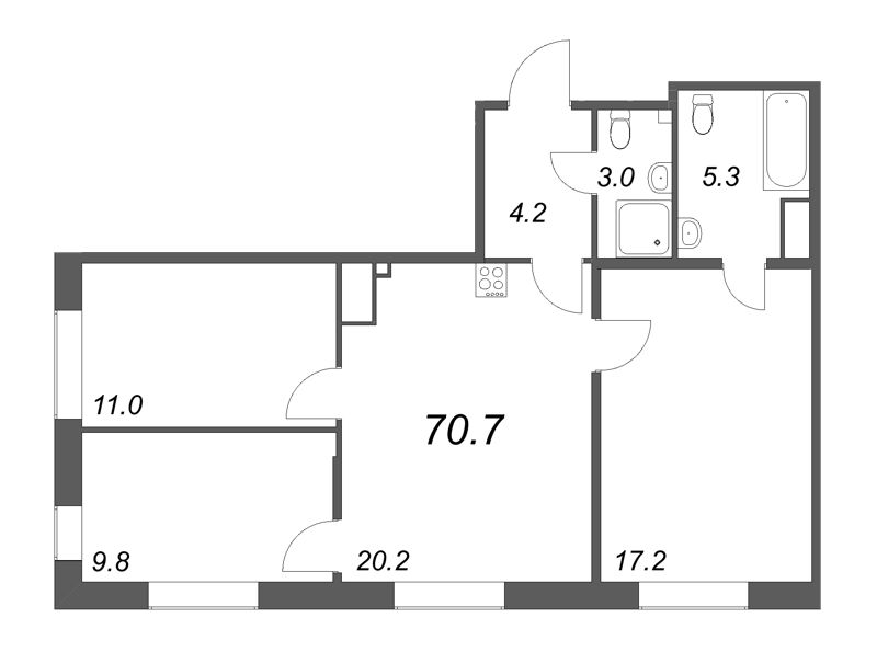 4-комнатная (Евро) квартира, 70.7 м² - планировка, фото №1