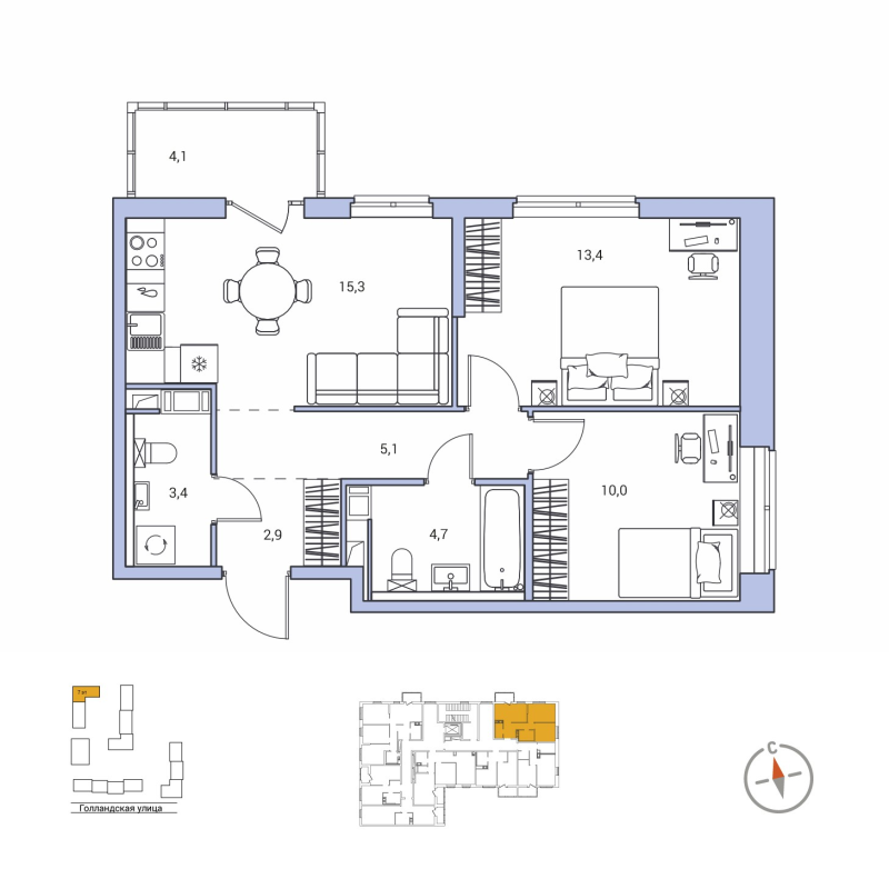 3-комнатная (Евро) квартира, 55.9 м² в ЖК "Янила Форест" - планировка, фото №1