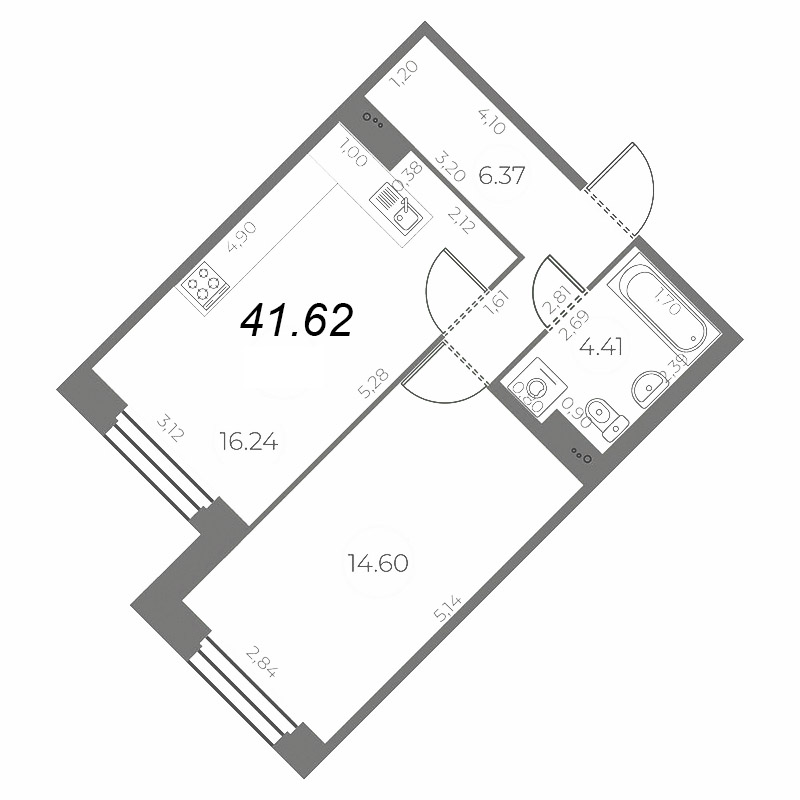 2-комнатная (Евро) квартира, 41.62 м² в ЖК "Огни Залива" - планировка, фото №1