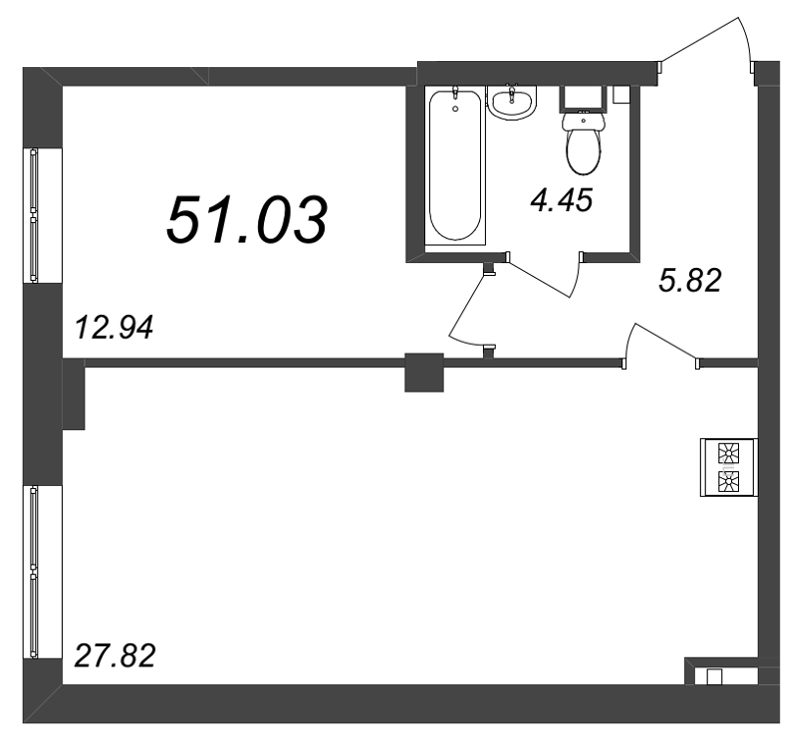 2-комнатная (Евро) квартира, 51.03 м² - планировка, фото №1