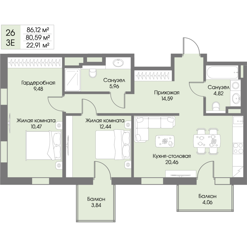 3-комнатная (Евро) квартира, 80.59 м² в ЖК "Рощино Residence" - планировка, фото №1